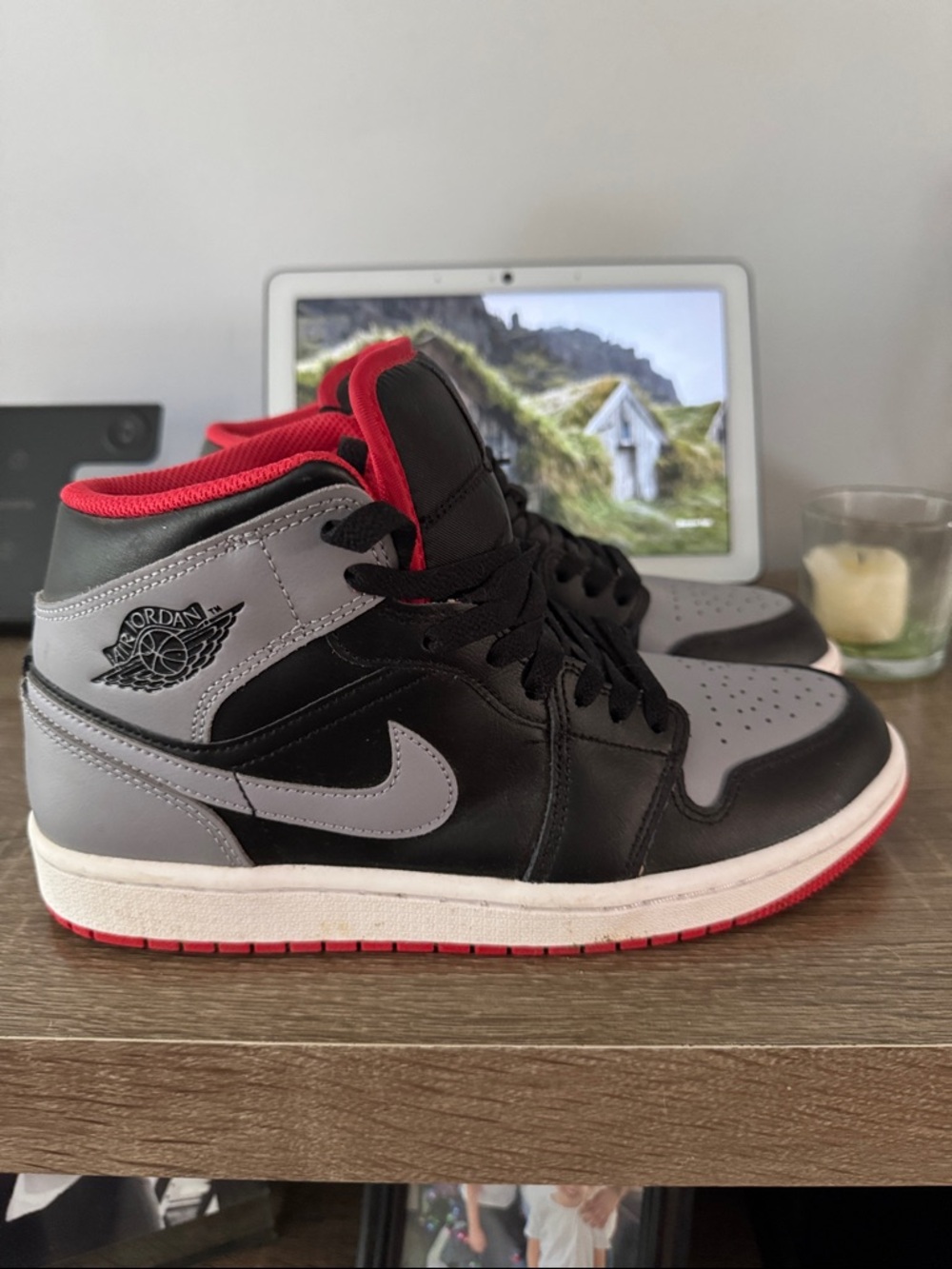 Jordan 1 Mid Black/Grey with Red Lining Size 7.5